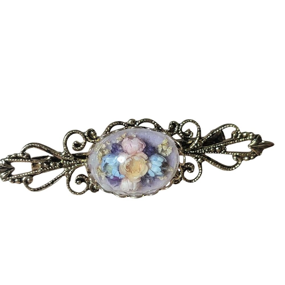 Victorian Style Lucite Dried Flower Dome Bar Brooch Gold Tone Vintage Metal Work